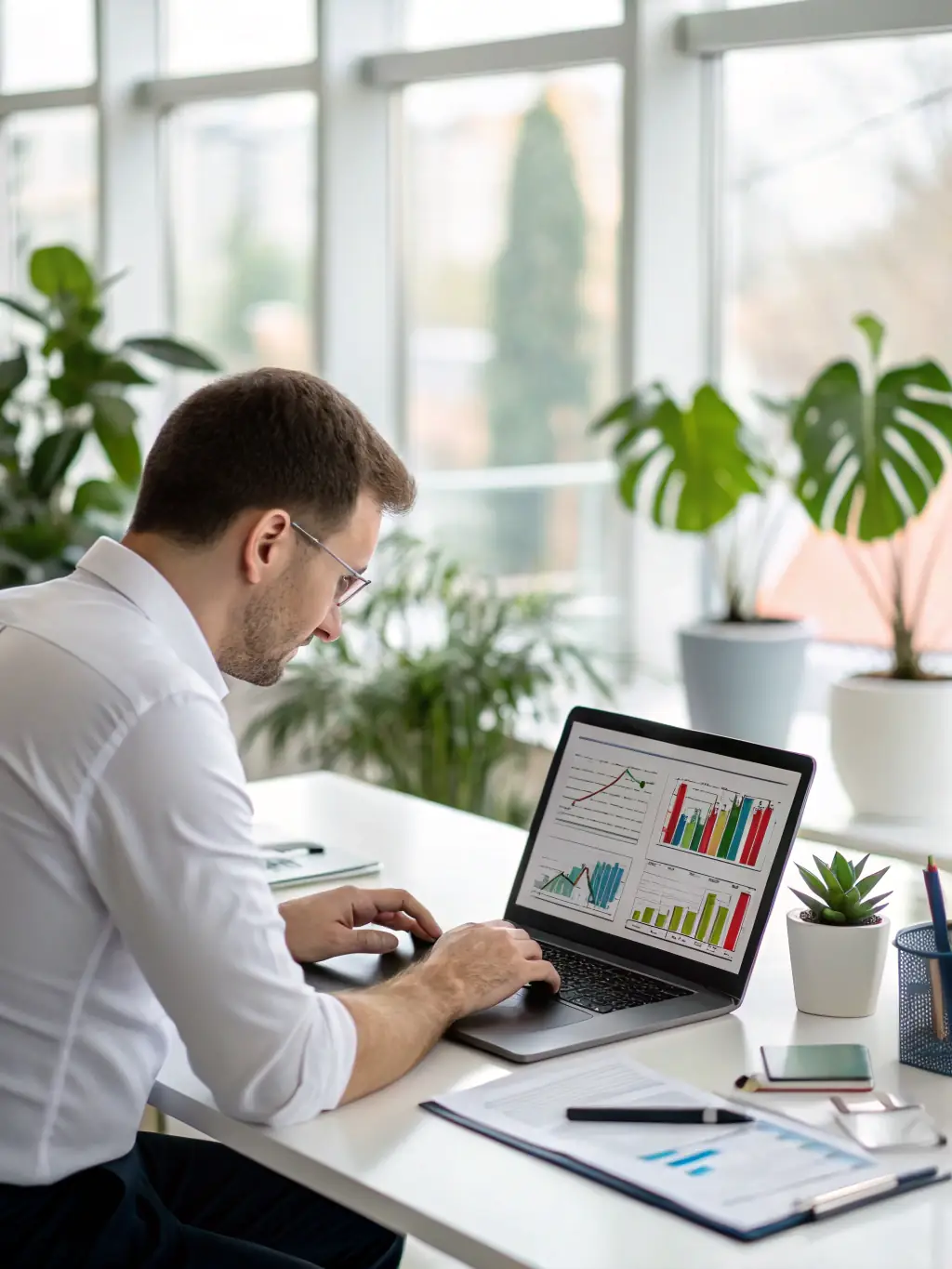 A professional consultant analyzing data on a laptop, representing data-driven decision-making in digital transformation.